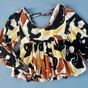 NWT De Loreta Morena El Pueblo Geometric Tan Ballon Sleeve Cotton Blouse